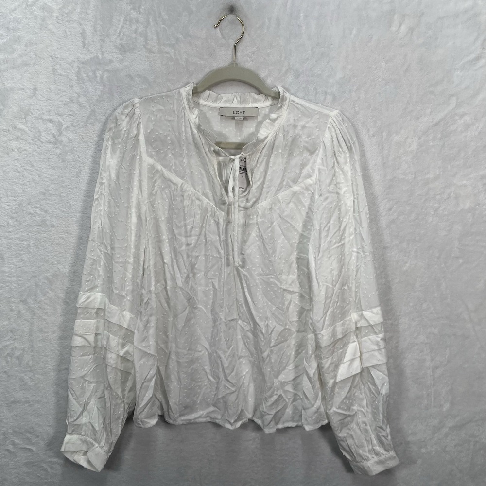 LOFT Peasant Blouse Womens Small Swiss Dot Neck Tie Boho Coquette NEW